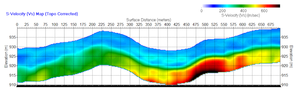 Park Seismic LLC elevation corrected 2-D MASW bedrock cross section